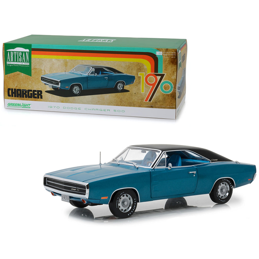 1970 Dodge Charger 500 Blue With Black Top 1/18 Diecast Model Car By Greenlight 13530