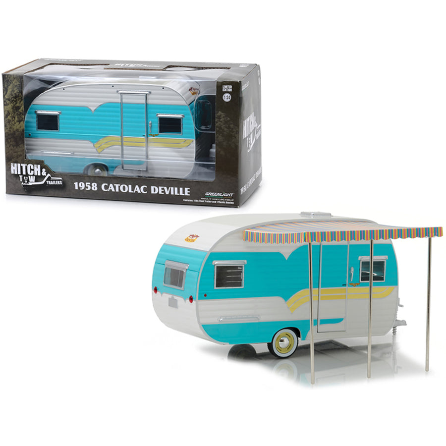 1958 Catolac Deville Travel Trailer Blue And Cream Hitch & Tow Trailers Series 5 1/24 Diecast Model By Greenlight 18450a