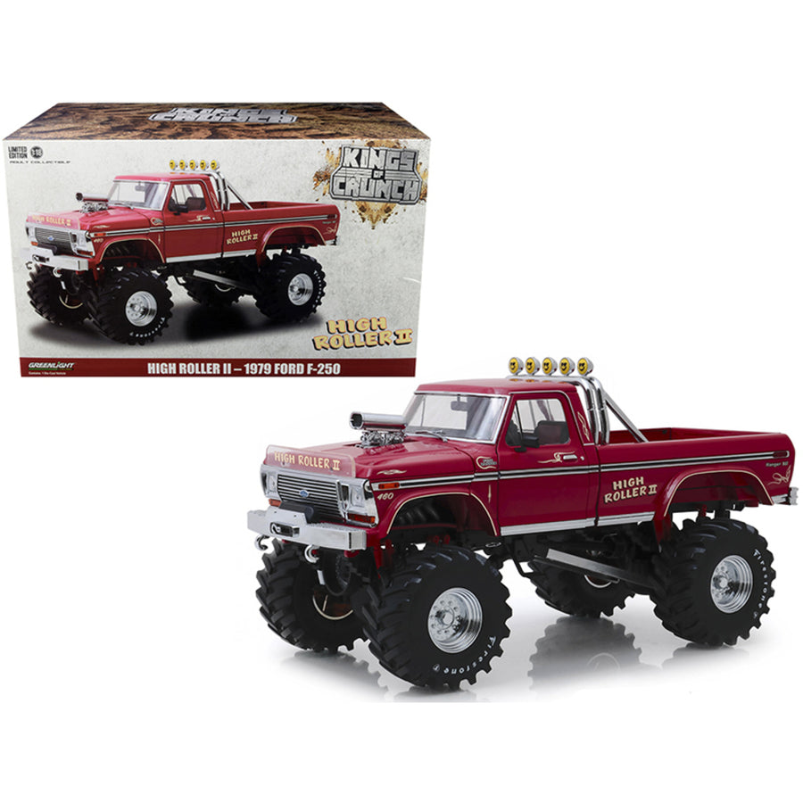 1979 Ford F-250 Ranger Xlt Monster Truck High Roller Ii Burgundy With 48-inch Tires Kings Of Crunch 1/18 Diecast Model Car By Greenlight 13542
