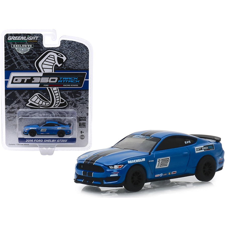 2016 Ford Mustang Shelby Gt350 #12 Deep Impact Blue With Black Stripes Ford Performance Racing School Gt350 Track Attack Hobby Exclusive 1/64 Diecast Model Car By Greenlight 30109