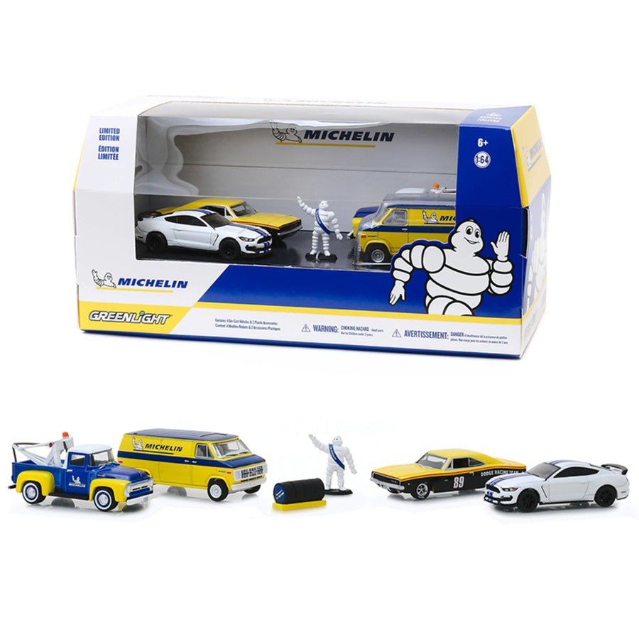 Michelin Service Center 6 Piece Diorama Set (4 Cars, Figurine And Tire Set) 1/64 Diecast Model Cars By Greenlight 58049