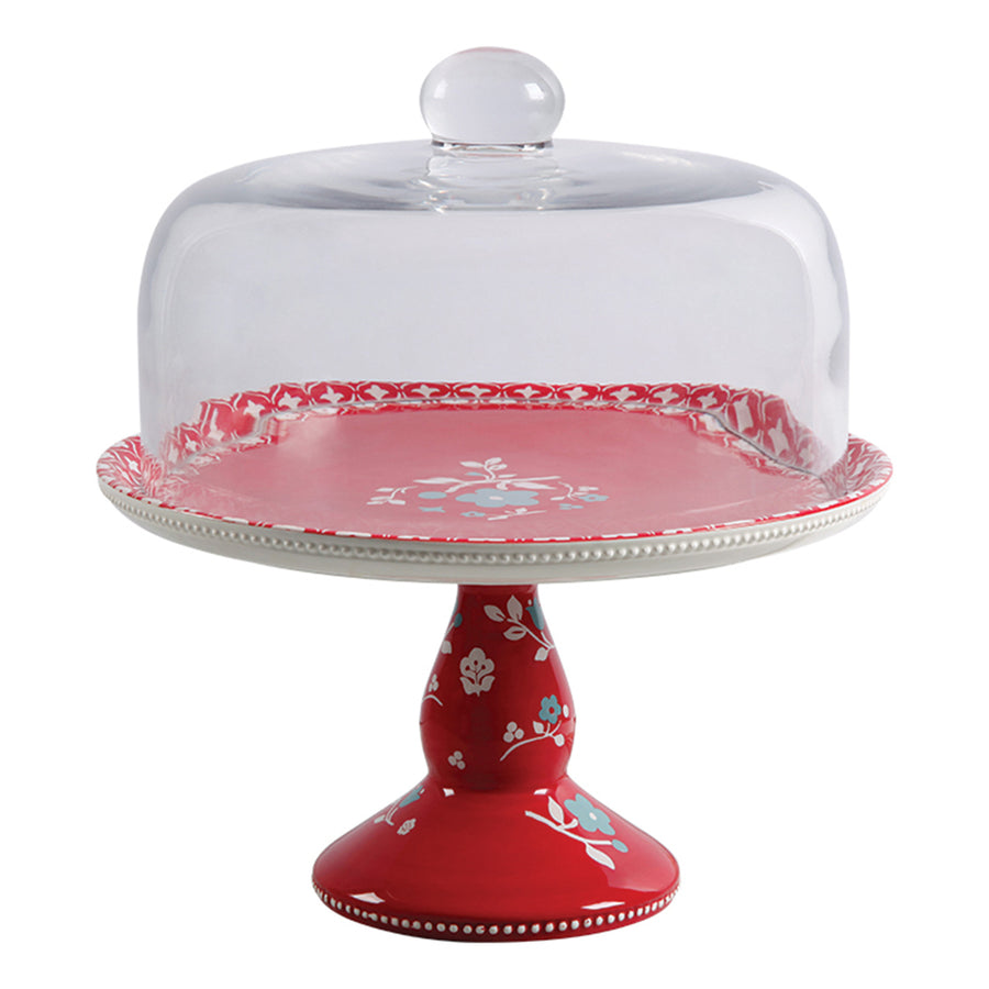 General Store Cherry Diner 10.25 In. Hand Painted Durastone Cake Stand With Glass Dome
