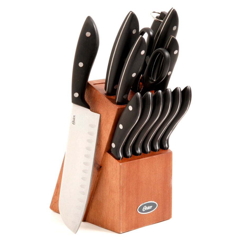 Oster Huxford 14 Piece Stainless Steel Cutlery Set With Black Handles And Wooden Block