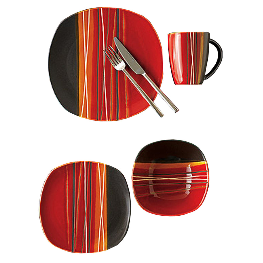 Gibson Bazaar Red 16pc Set, Red/black Stripes, Stoneware