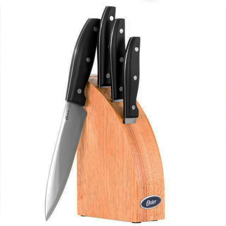 Oster Granger 5 Piece Stainless Steel Cutlery Knife Set With Half Moon Natural Wood Block