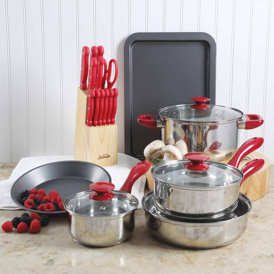 Sunbeam Crawford 22 Piece Cookware Combo Set In Red