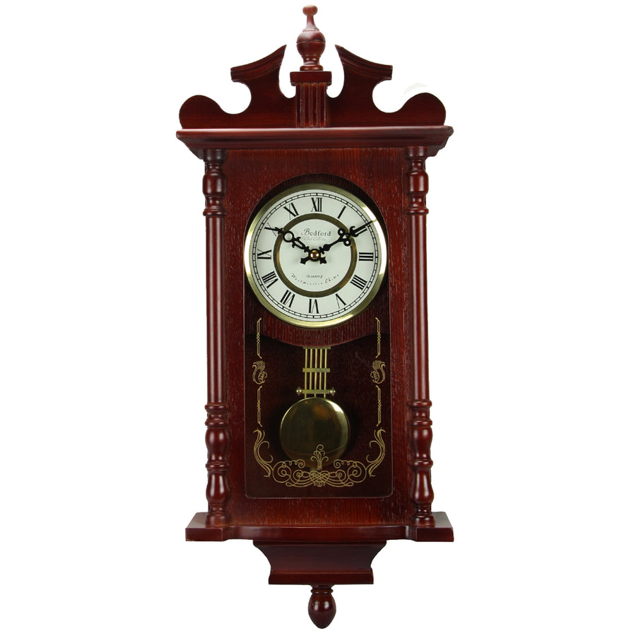 Bedford Collection 25 Inch Wall Clock With Pendulum And Chime In Dark Redwood Oak Finish