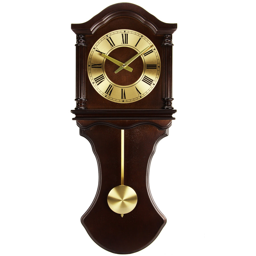 Bedford Clock Collection 27.5 Inch Wall Clock With Pendulum And Chimes In Chocolate Brown Oak Finish