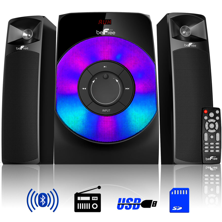 Befree Sound 2.1 Channel Bluetooth Multimedia Wired Speaker Shelf Stereo System With Reactive Led Lights, Fm Radio, Usb, And Sd Inputs