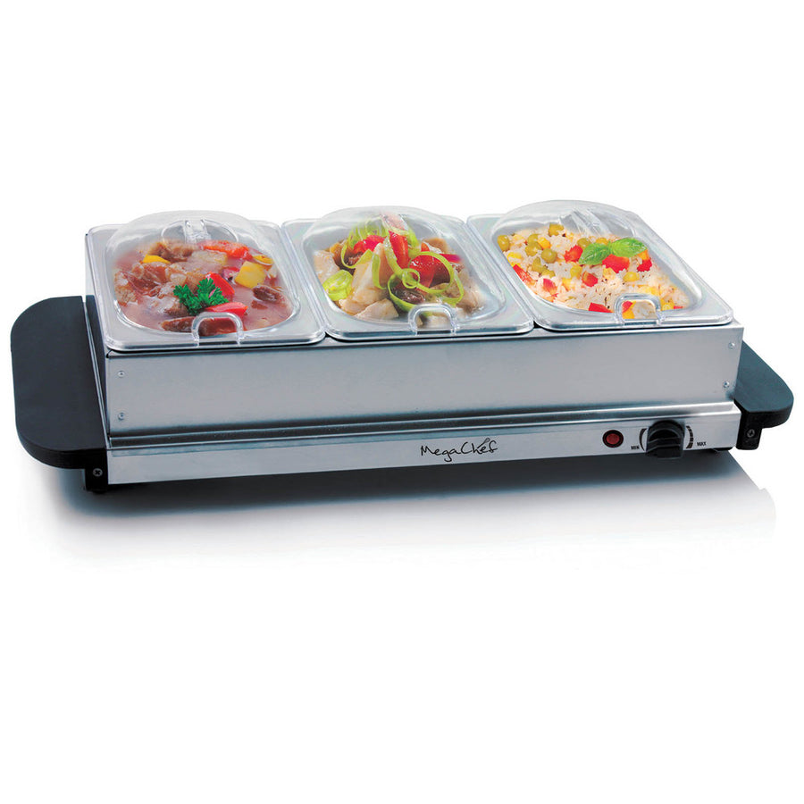 Megachef Buffet Server & Food Warmer With 3 Removable Sectional Trays , Heated Warming Tray And Removable Tray Frame