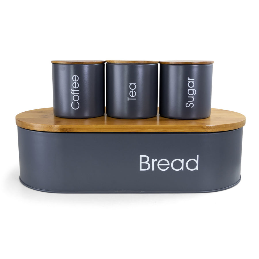 Megachef Bamboo Kitchen Countertop 4 Piece Metal Bread Basket And Canister Set In Gray With Lids