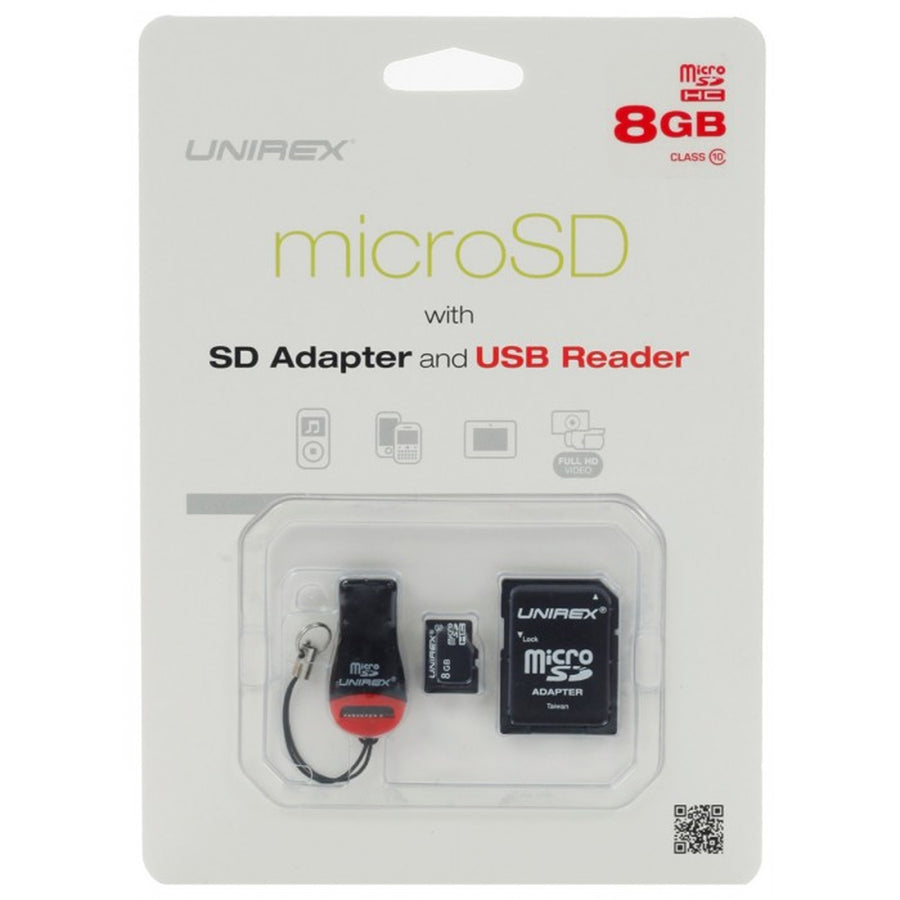 Unirex Microsd High Capacity 8gb Class 10 With Sd Adapter And Usb Reader