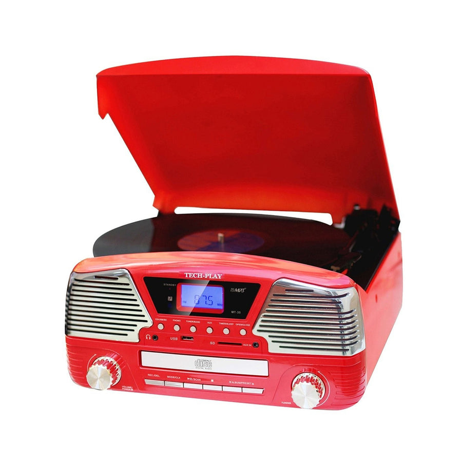 Techplay 3 Speed Turntable, Programmable Mp3 Cd Player, Usb/sd, Radio & Remote Control In Red