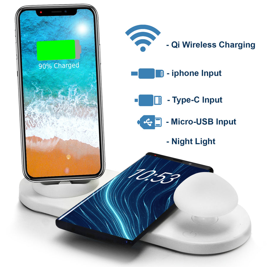 Trexonic Wireless Charger 3 In 1 Charger Dock With Wireless Charging Station And Soft Light Toadstool Lamp
