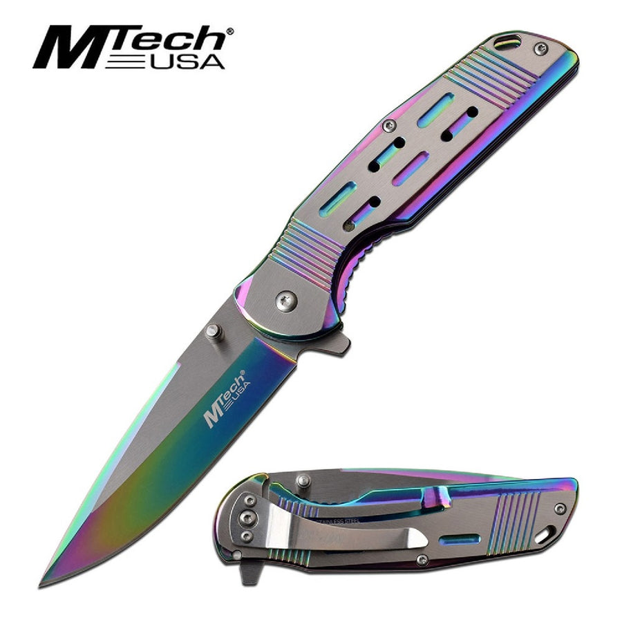 Mtech Usa Assisted 3.5 In Blade Rainbow Stainless Handle