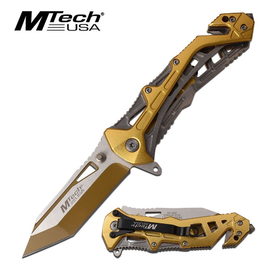 Mtech Usa Assisted 3.25 In Blade Gold Aluminum Handle