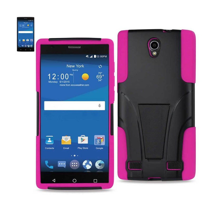Reiko Zte Zmax 2 Hybrid Heavy Duty Case With Kickstand In Hot Pink Black