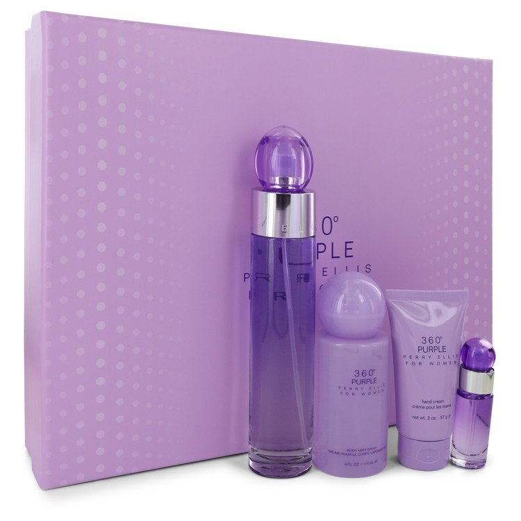 Perry Ellis 360 Purple by Perry Ellis Gift Set -- 3.4 oz Eau De Parfum Spray + .25 oz Mini EDP Spray + 2 oz Hand Cream + 4 oz Body Spray for Women