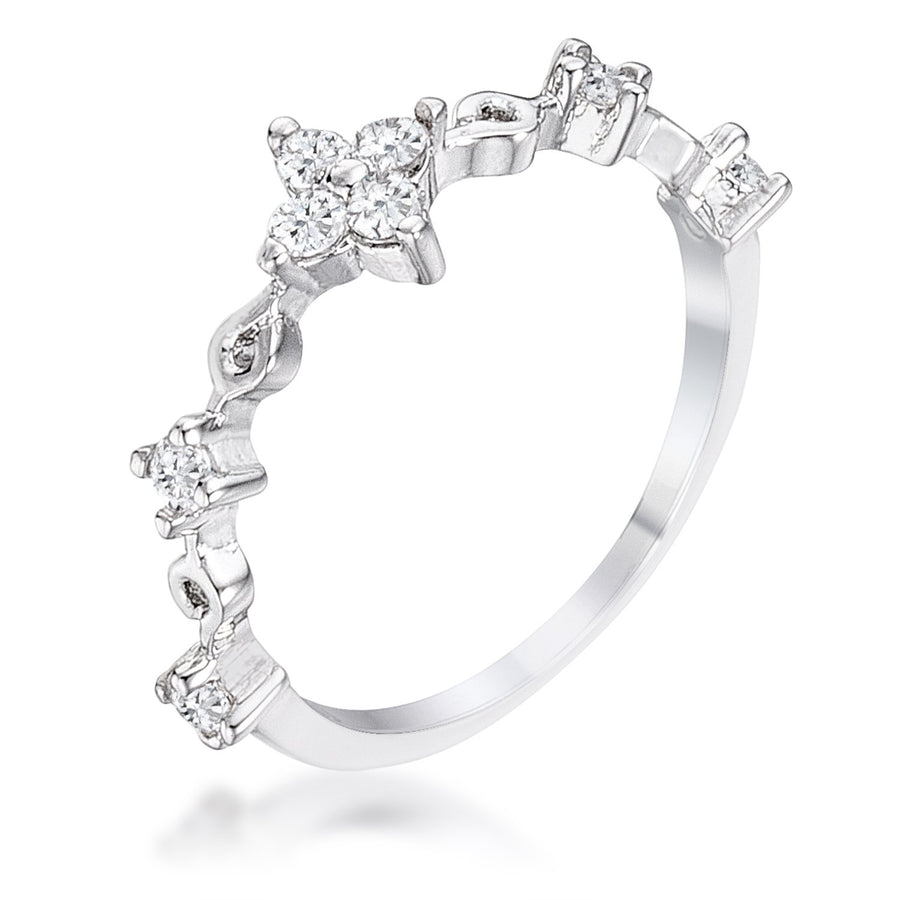 .24Ct Rhodium Plated Clear CZ Mini Floral Half Eternity Stackable Band, <b>Size 5</b>