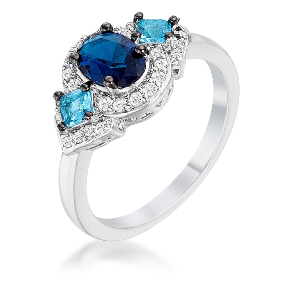 1.3Ct Rhodium and Hematite Plated Shades of Blue CZ Three Stone Engagement Ring, <b>Size 5</b>