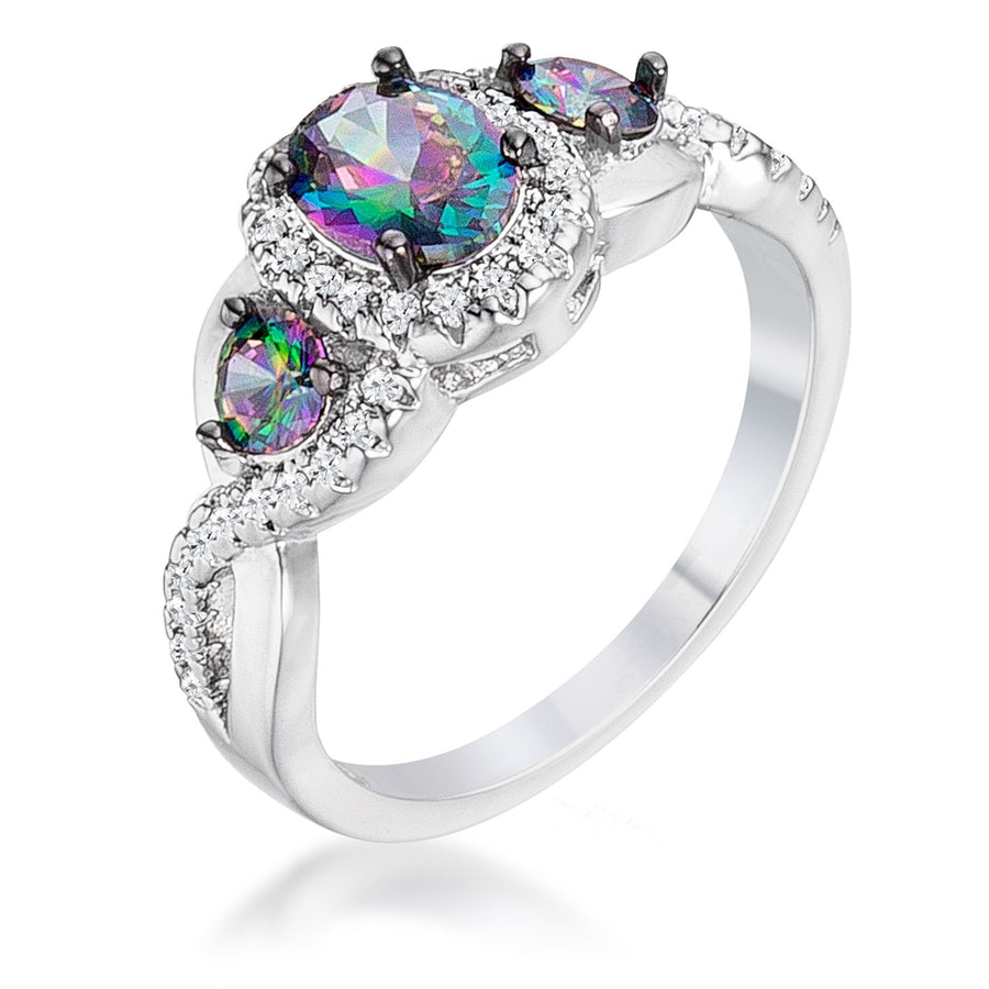 1.43Ct Rhodium & Hematite Plated Mystic & Clear CZ Three Stone Twisted Shank Ring, <b>Size 5</b>