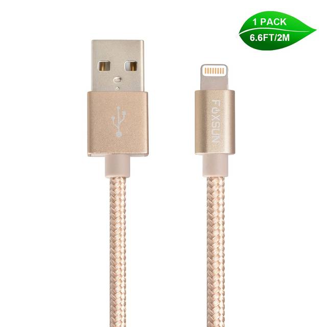 Foxsun AM001020 iPhone Charging Cable 6.6 FT/2M Nylon Braided Lightning Cable for iPhone 7/7Plus/6/6Plus/6S/6S Plus/5/5S/5C/SE, iPad Pro/Air/Mini (Go