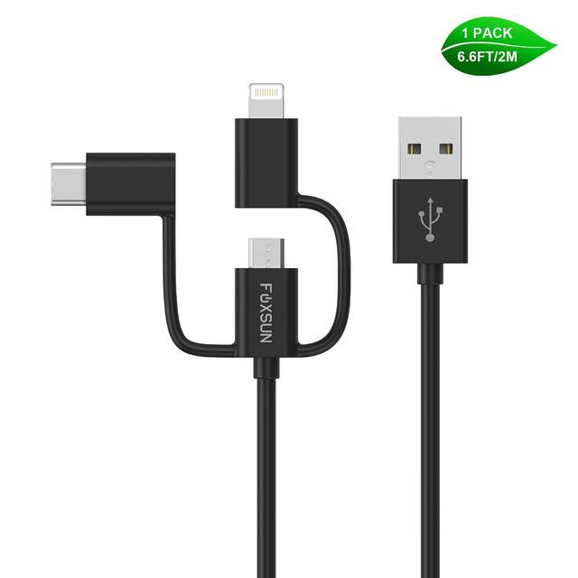 Foxsun AM001032 Multi USB Charging Cable, 6.6 FT/2M 3 in 1 Multiple USB Charger Cable with 8Pin Lightning /USB Type C/Micro USB Connector for iPhone,