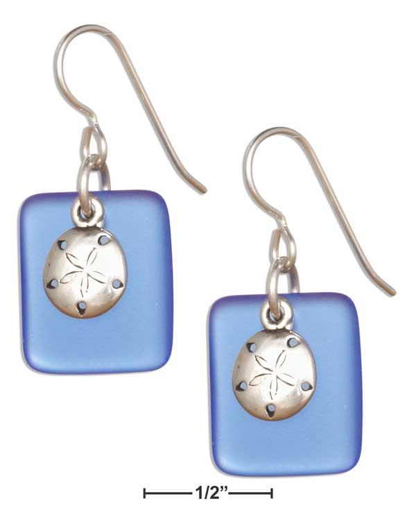 Sterling Silver Cornflower Blue Sea Glass Sand Dollar Dangle Earrings