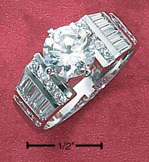 Sterling Silver 7.5mm Round Cubic Zirconia Engagement Ring With Baguette Cubic Zirconia Band