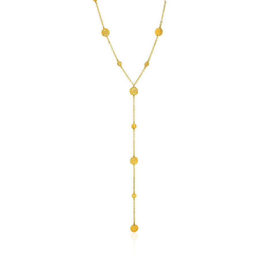 14k Yellow Gold Lariat Necklace with Textured Flat Circles