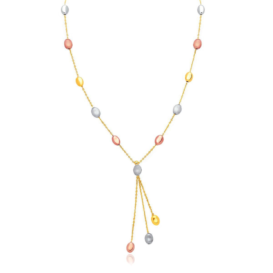 14k Tri-Color Gold Pebble Station Necklace with Triple Drop