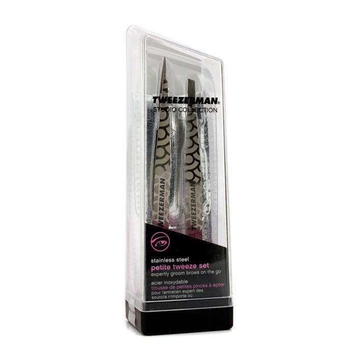 Petite Tweeze Set: Slant Tweezer + Point Tweezer - (regency Finish W/ Silver Leather Case) - 2pcs
