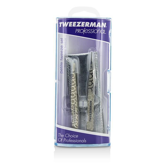 Professional Petite Tweeze Set: Slant Tweezer + Point Tweezer - (regency Finish W/ Silver Leather Case) - 2pcs