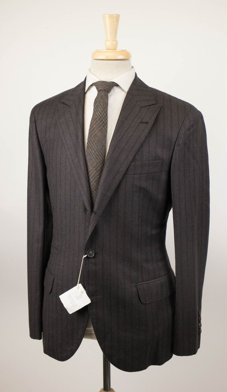 Dark Striped Wool 3/2 Button Suit - Brown