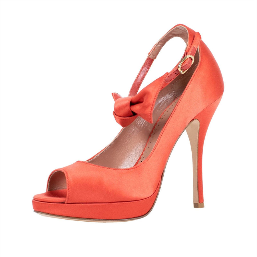 Satin Peep Toe Ankle Strap Bow Pumps - Orange