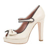 Leather Mary Jane Bow Peep Toe Pumps - Ivory