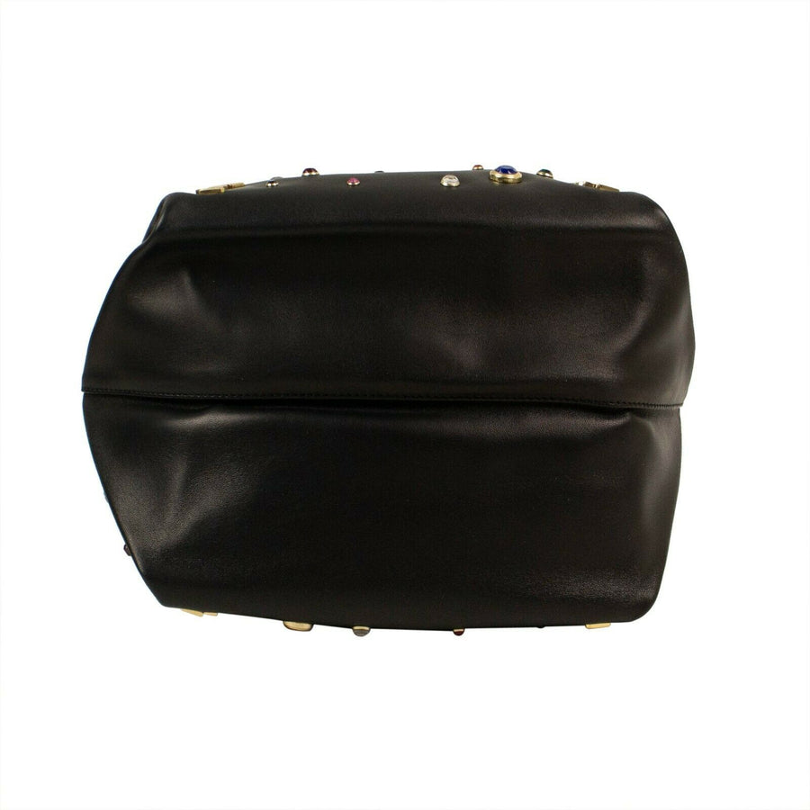 Leather Gem Stud Embellished Teddy Bucket Handbag - Black