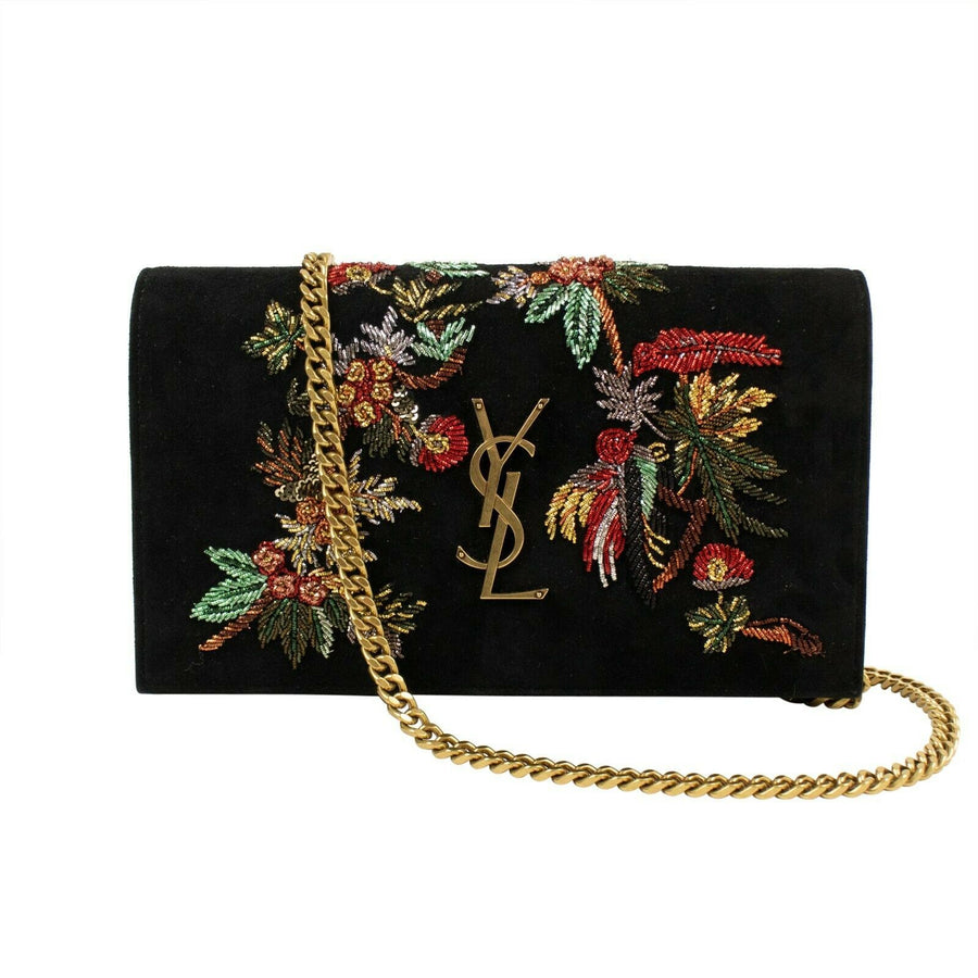 Suede Embroidered Parrots 'Kate' Chain Handbag - Black