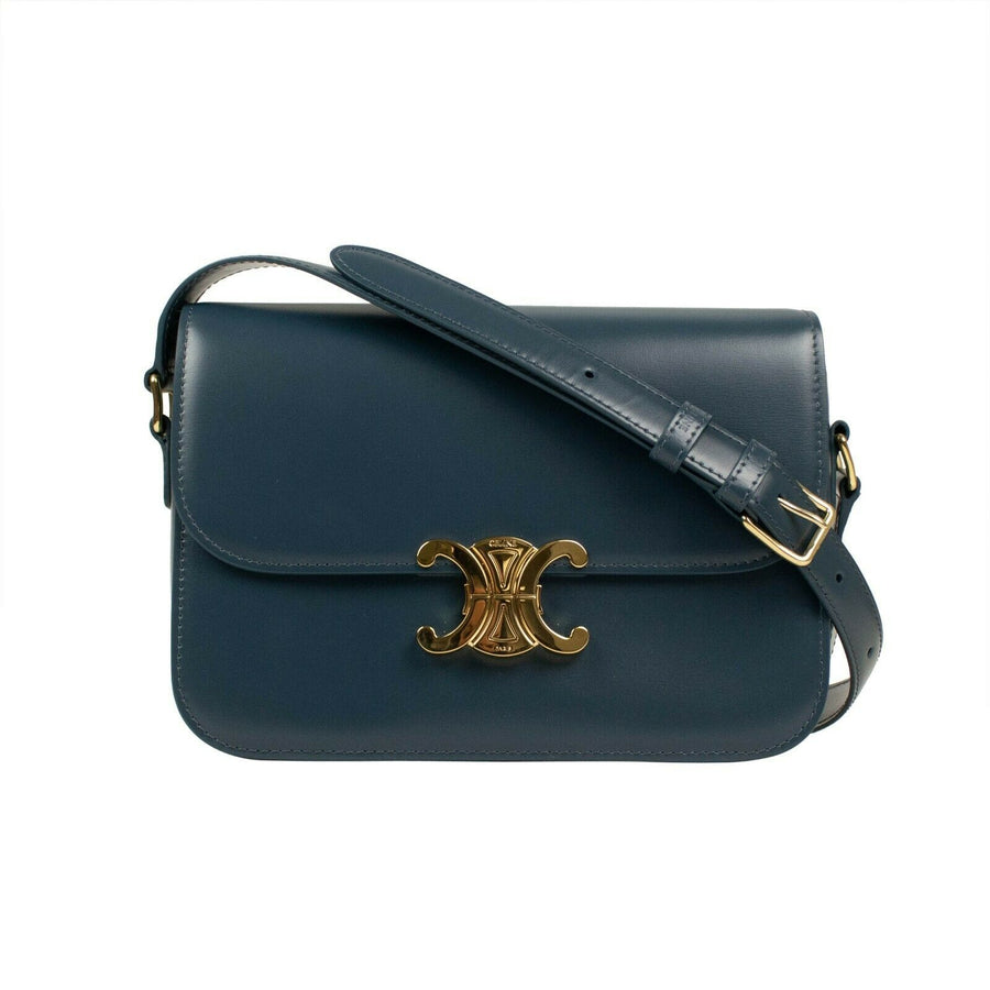 Shiny Calfskin Leather Medium Triomphe Cross Body Bag - Blue