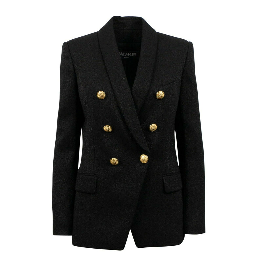 Metallic Wool Double Breasted Blazer - Black