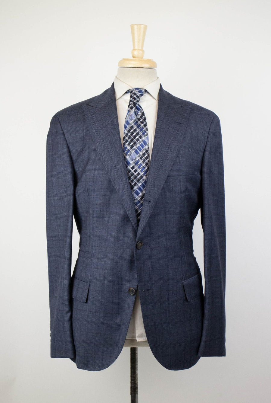 Plaid Wool 3 Roll 2 Button Sport Coat - Blue