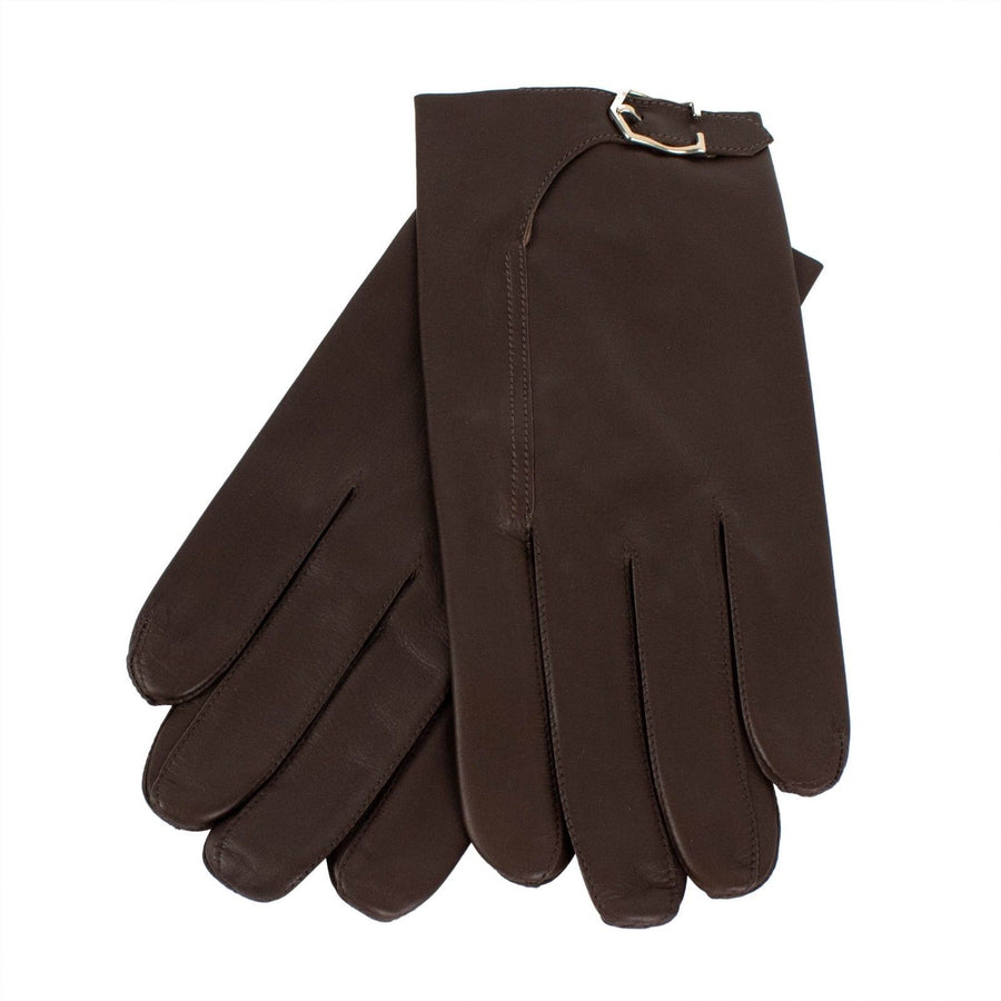 Brown Calfskin Leather With Buckle Gloves
