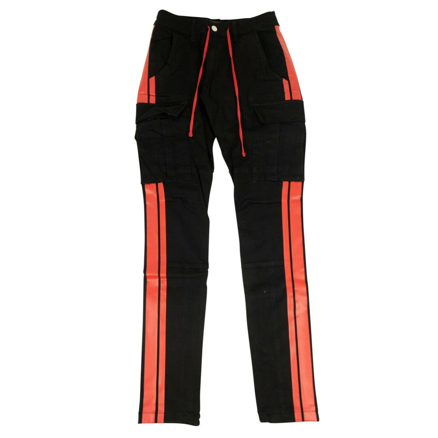 Cotton With Red Stripes Stack Track Cargo Pants - Black