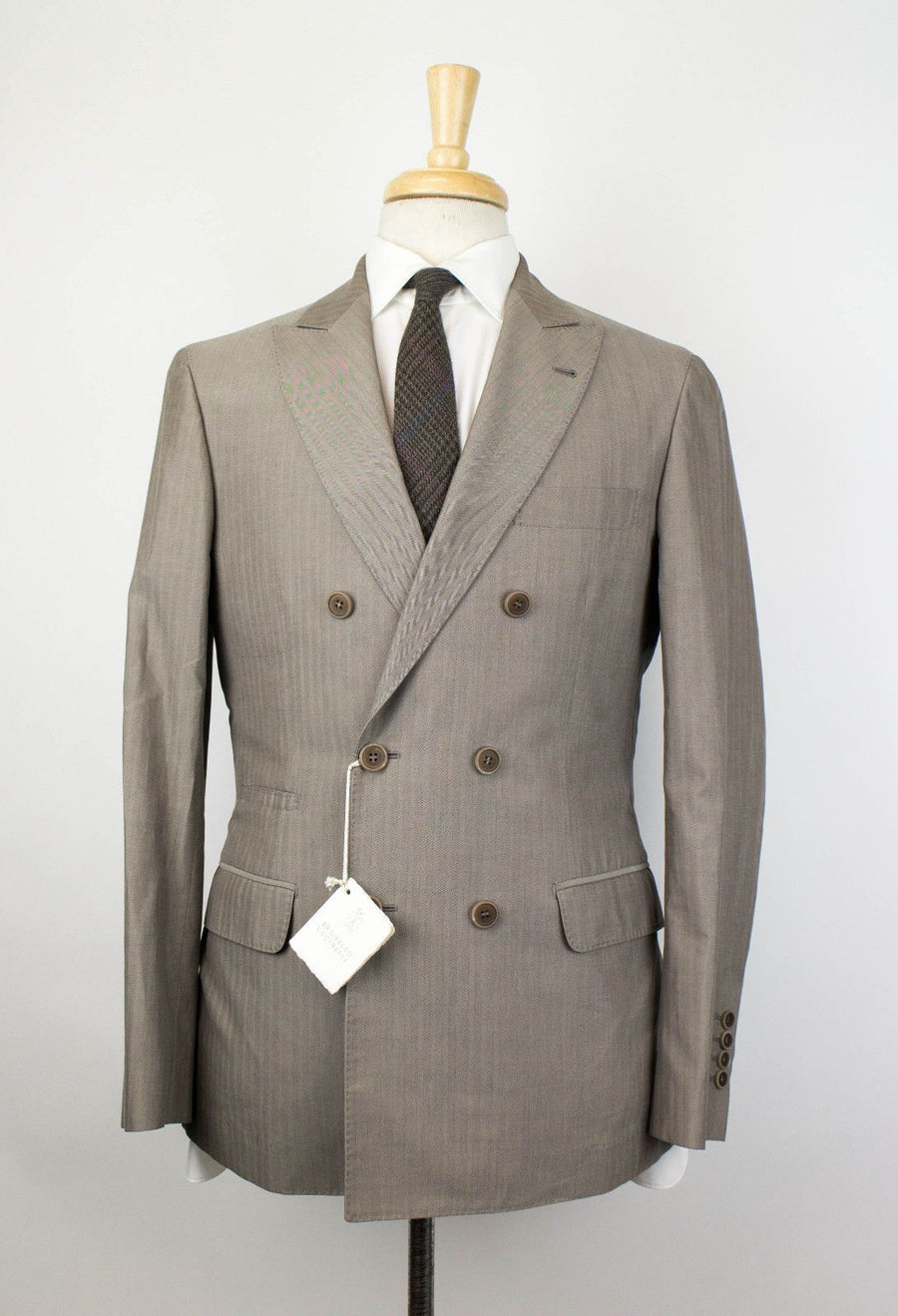 Herringbone Cotton Double Breasted Suit - Taupe Gray