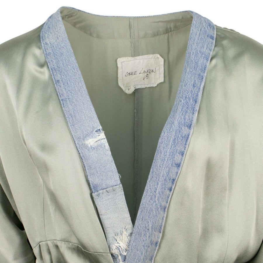 Silk And VIntage Denim Kimono Robe - Opal