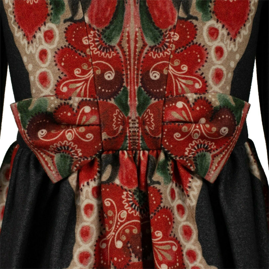 A-Line Wool Large Floral Design Coat - Black / Red