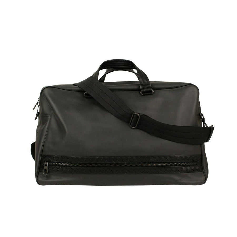 Leather Intrecciato Accent Travel Bag- Black