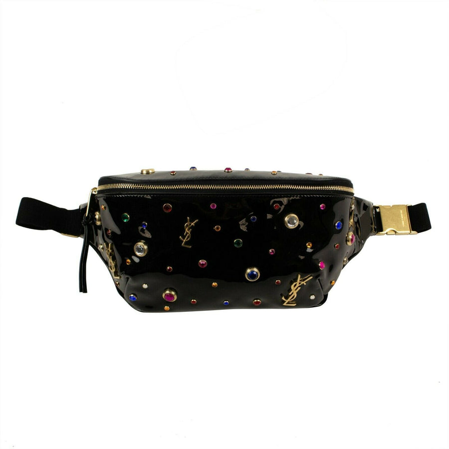 Patent Leather Gem Stud Embellished Belt Bag - Black