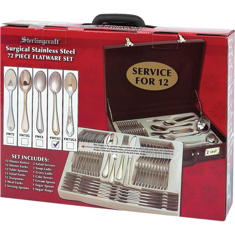 Sterlingcraft¬Æ High-Quality, Heavy-Gauge Stainless Steel 72pc Flatware and Hostess Set with Gold Trim