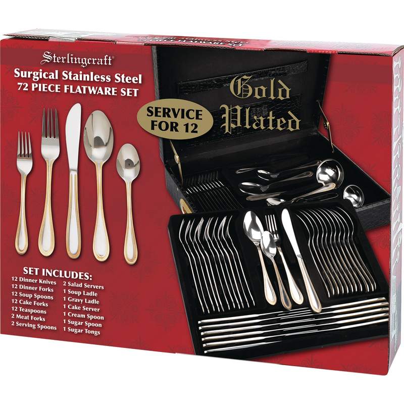 Sterlingcraft¬Æ High-Quality, Heavy-Gauge Stainless Steel 72pc Flatware Set with 24K Gold Trim
